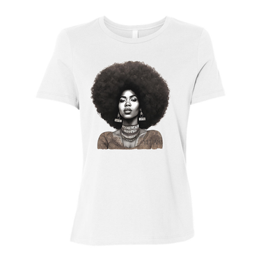 Black t-shirt featuring an illustration of a beautiful woman with an afro, celebrating confidence and natural beauty- inspirational tees